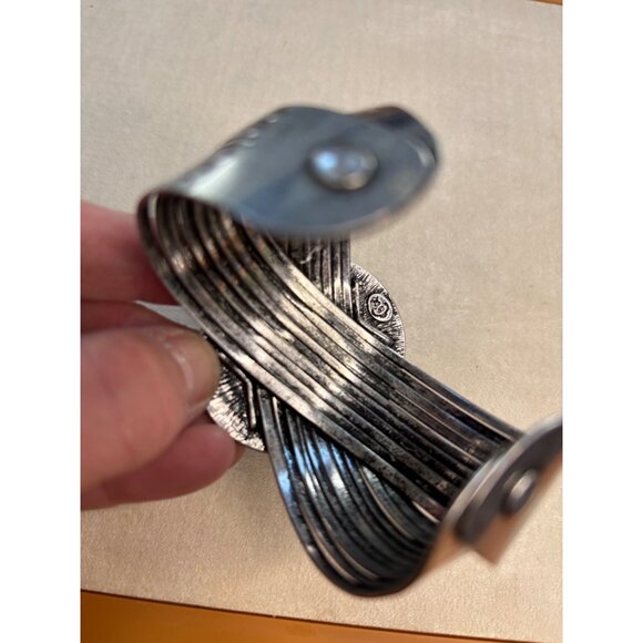 Vintage Silver-Tone Wide Cuff Bracelet With Oval Red Stone Accent & Etched Desig - Picture 5 of 16